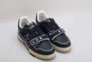 "A pair of OceanDepth Navy and White Urban Sneakers, viewed from the top, showcasing their low-top design, white laces, deep navy leather, white piping, mesh panels, and distinctive strap across the vamp."