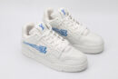 A pair of white low-top sneakers featuring a subtle all-over monogram pattern, prominent blue logos on the tongue and side with a dynamic striped effect, and white laces, set against a plain white background.