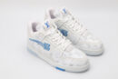 A pair of white high-top sneakers with subtle grey monogram patterns, prominent blue logos on the tongue and side, blue accents on the sole, and white laces, displayed against a light grey background.
