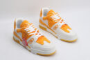 A pair of SunburstStride Orange and White Fashion Sneakers, viewed from the top, showcasing their low-top design, white laces, textured orange textile upper with a monogram pattern, white leather overlays, and a white rubber outsole with orange accents."