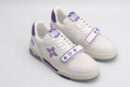 A pair of TwilightGlow Off-White and Purple Sneakers, viewed at an angle, showcasing their low-top design, white laces, off-white leather upper, vibrant purple accents on the collar and outsole, mesh side panels, and distinctive purple and white strap across the vamp