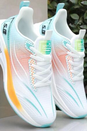 A pair of high-performance unisex running shoes with a thick, cushioned sole, available in white with orange and blue accents.