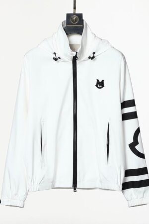 Clean white hooded sport windbreaker with bold black branding on the sleeve and chest, hanging on a designer hanger.