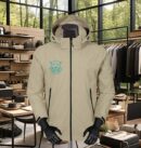 A heavy-duty, sand-colored performance parka with a black full-zip front and a large hood, featuring a turquoise bear graphic on the chest.