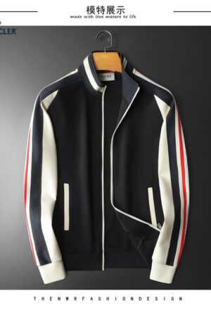 Moncler-style black full-zip track jacket with white and red contrast stripes on the sleeves. The jacket has a high stand collar, ribbed cuffs and hem, and simple vertical slit pockets.