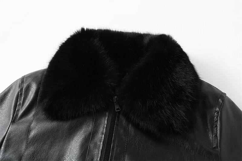 A black faux leather zip-up jacket with a plush black faux fur collar. The chest features a prominent red, white, and blue tri-color stripe below a circular logo patch.