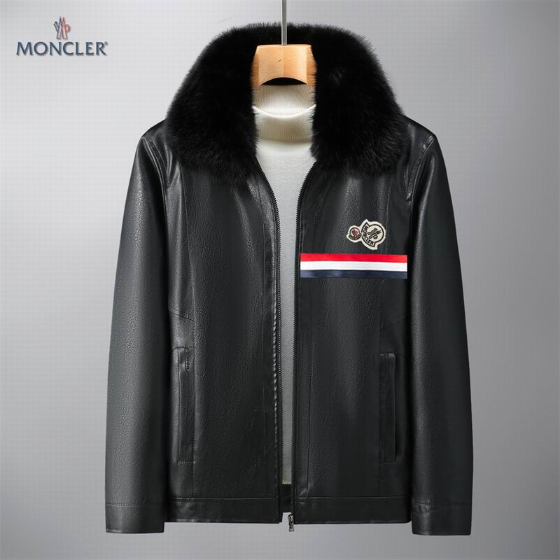 A black faux leather zip-up jacket with a plush black faux fur collar. The chest features a prominent red, white, and blue tri-color stripe below a circular logo patch.
