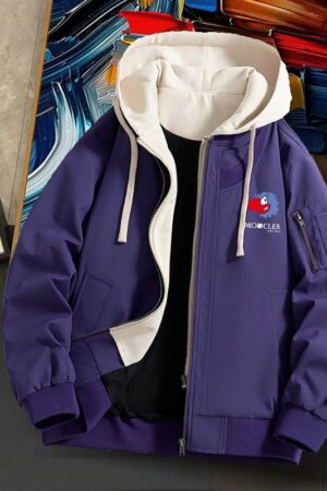 Moncler-style purple bomber jacket with a white hood and drawstrings. Features a full-zip front, ribbed hem/cuffs, an arm pocket, and a colorful cartoon bird logo patch on the chest.