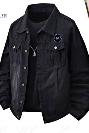 A collection of men's premium outerwear including indigo and black denim jackets, a cream cargo field jacket, and a black zip-up windbreaker.