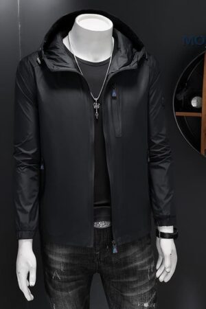 A sleek, black lightweight hooded sport jacket with a vertical chest zipper and minimalist branding.